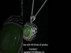 9.48g 925 Prata Pedras preciosas Pendente Chain de contas 14x14mm almofada Pendente de jade verde