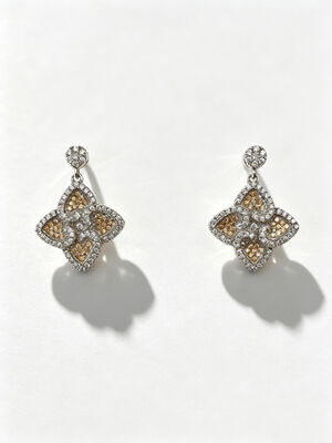 Hot Summer Silver Earrings Sterling CZ Pointy Lucky Four-Leaf Clover Colorido Champagne Escuro + Branco CZ Adequado para Eventos Casual e Formal Dangle Earring Stud Back, Cute Sterling Silver Earrings