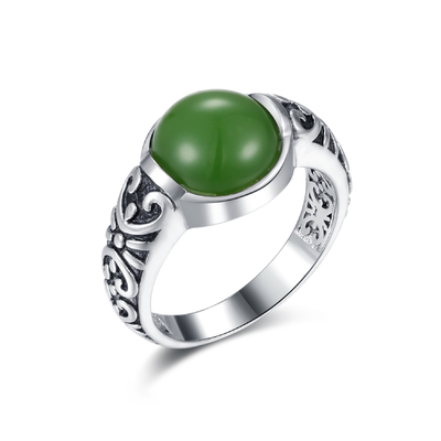 Cinzelado 925 escuros dados forma círculo de prata dos anéis 10x10mm de pedra preciosa - Jade Ring verde