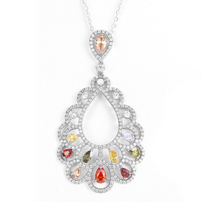 Ladies Long Teardrop Marquise Pendente Necklace 925 Prata Pedras preciosas Caixa Cadeia de jóias