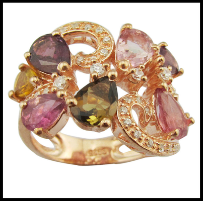 Elegante YG Rondas Revestimento Turmalina Gemstone Anéis 925 Anéis de Prata para Mulheres Anéis de Promessa de prata esterlina