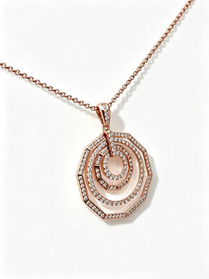 Ouro Rosa Prata 925 Pingente Geométrico Camadas Octógono Pavé RG 1.5mm Corrente Rolo Fábrica de Joias Pedras Pavé CZ AAA Brancas Pedras CZ Pavé 25mm Diâmetro Tamanho 6.40g Peso Total Colar 4 Círculos Camadas
