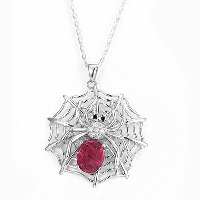 Sterling Silver Spider Web Pendant Ruby Swarovski Gemstone Necklace vermelho