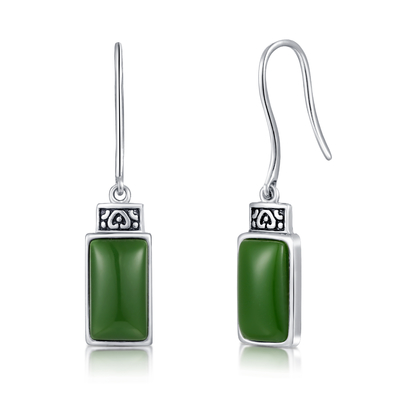 Cabochon 925 jade do verde do retângulo de Sterling Silver Gemstone Earrings 7x12mm